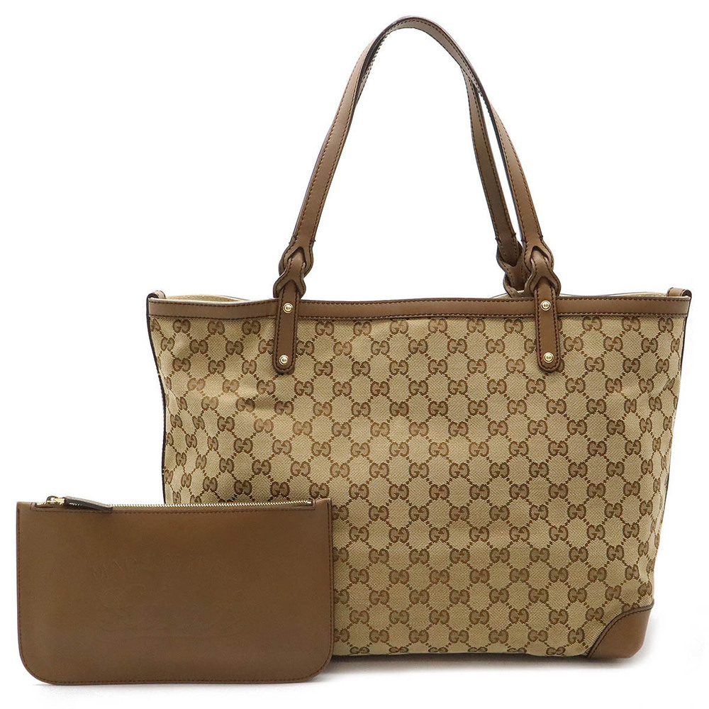 Gucci GG Canvas Tote Bag Shoulder Hobo Leather Beige Brown Cream Brown Pouch